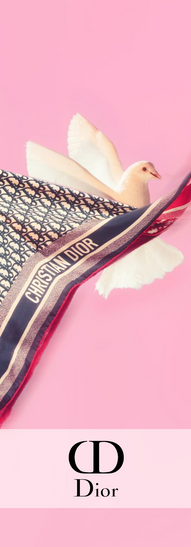 Colomba bianca su foulard Dior, fotografia di Riccardo Apostolico per L'Officiel Türkiye. Servizio fotografico di moda con animali forniti da Animal Spot Milano. Colomba addestrata per set fotografico.