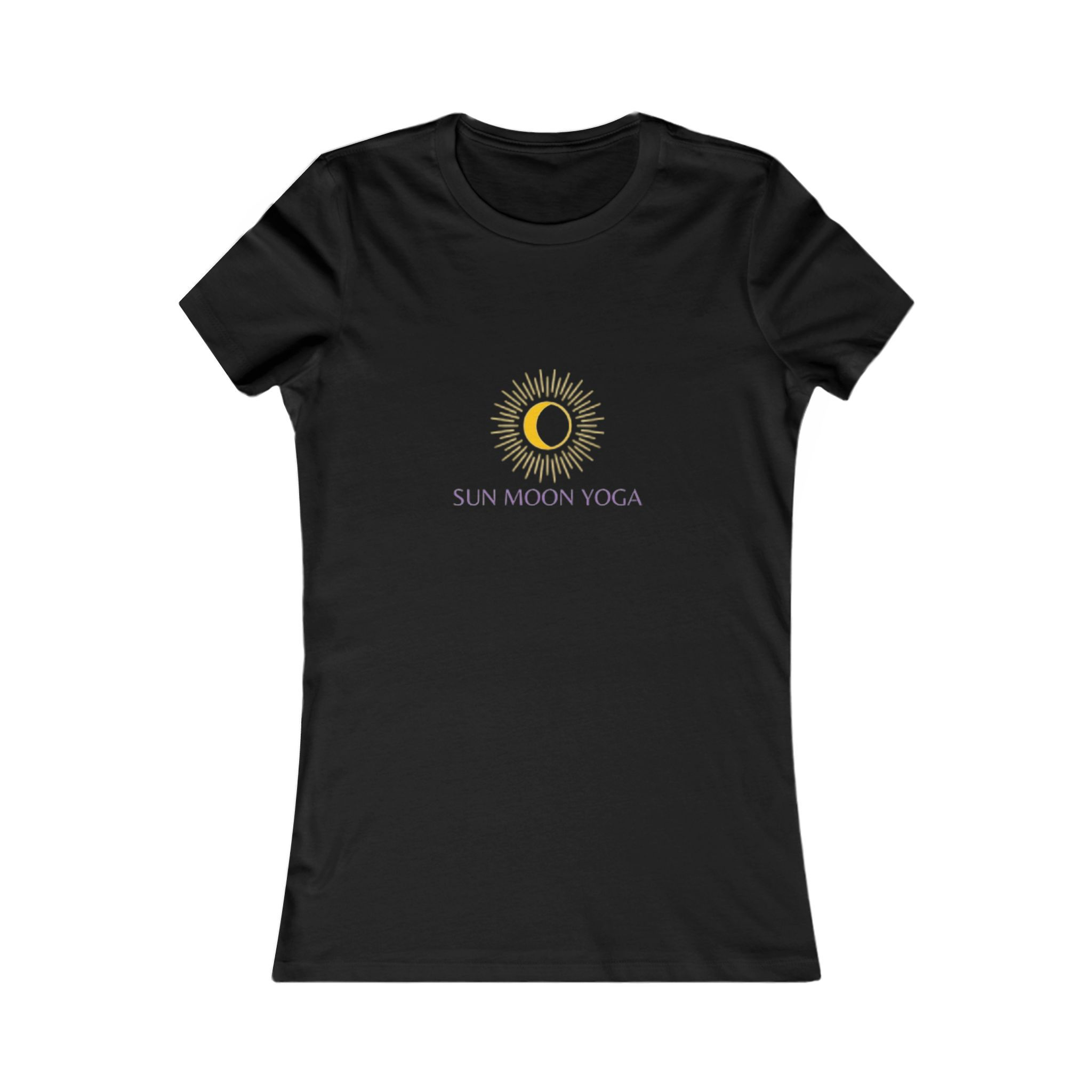 Black t-shirt with Sun Moon Yoga logo, comfortable apparel for yoga sessions.