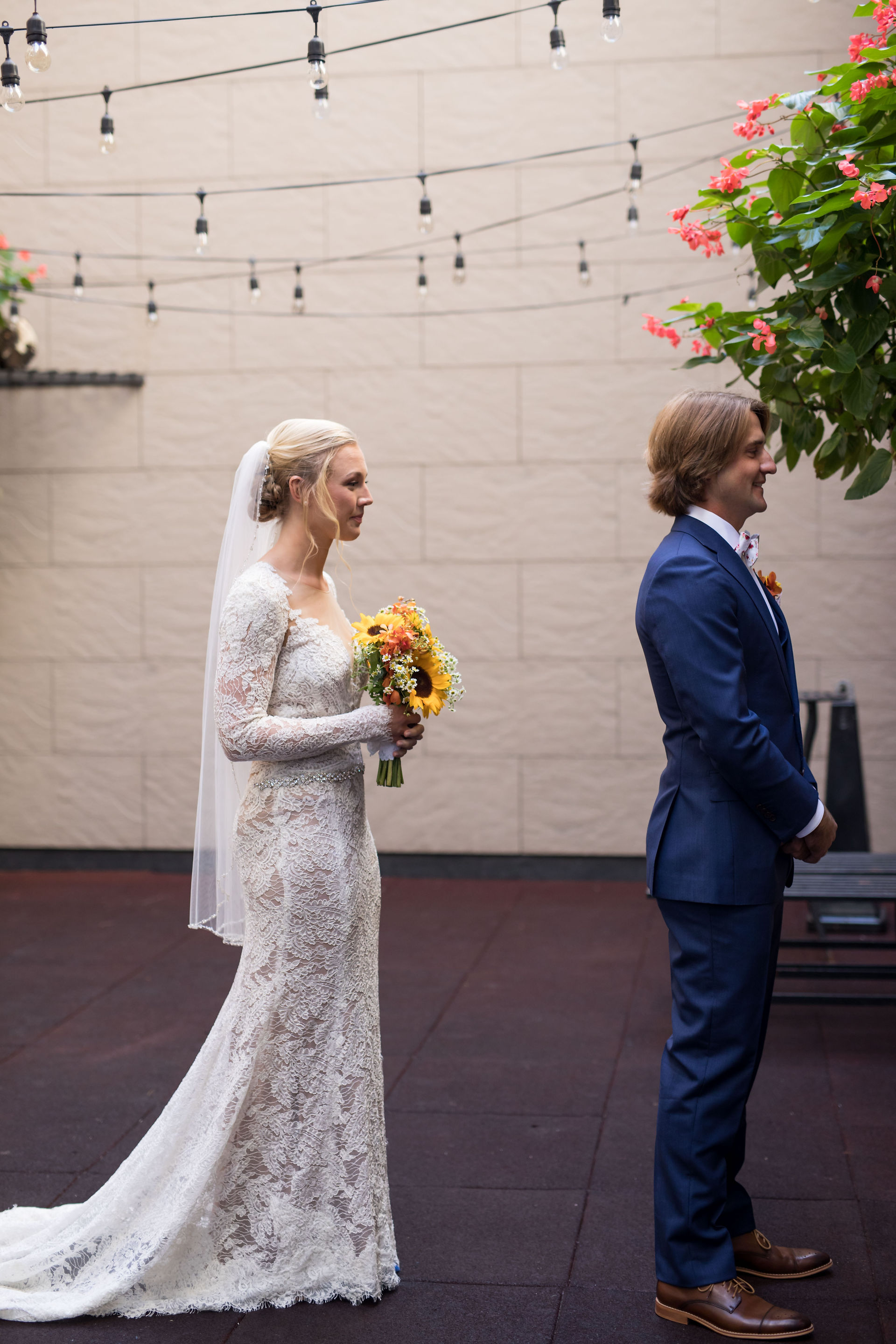 bride and groom first look on wedding day at Hotel Lafayette in Buffalo NY