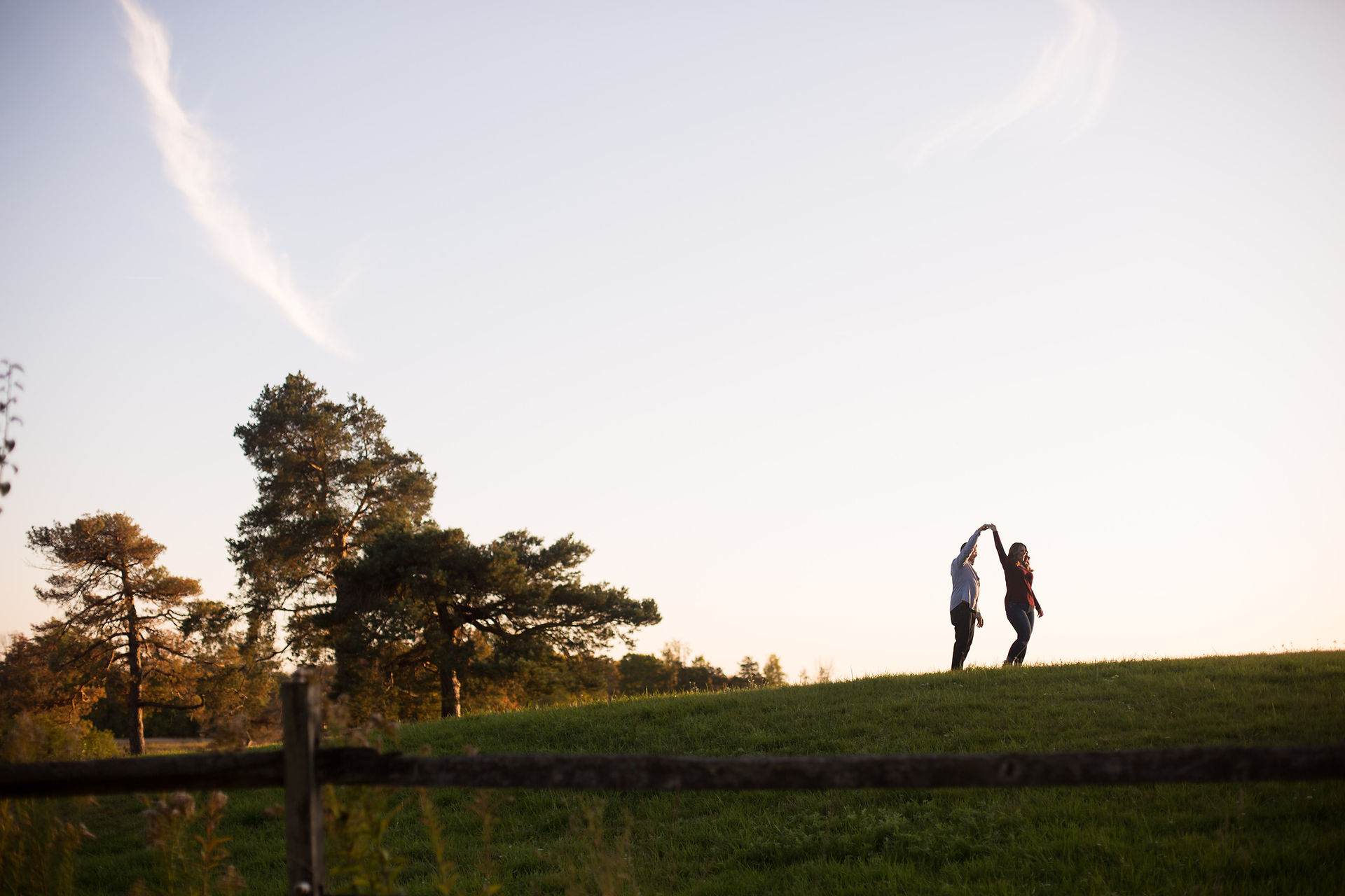 silhouette of man spinning a woman on top of a hill with trees off to the side