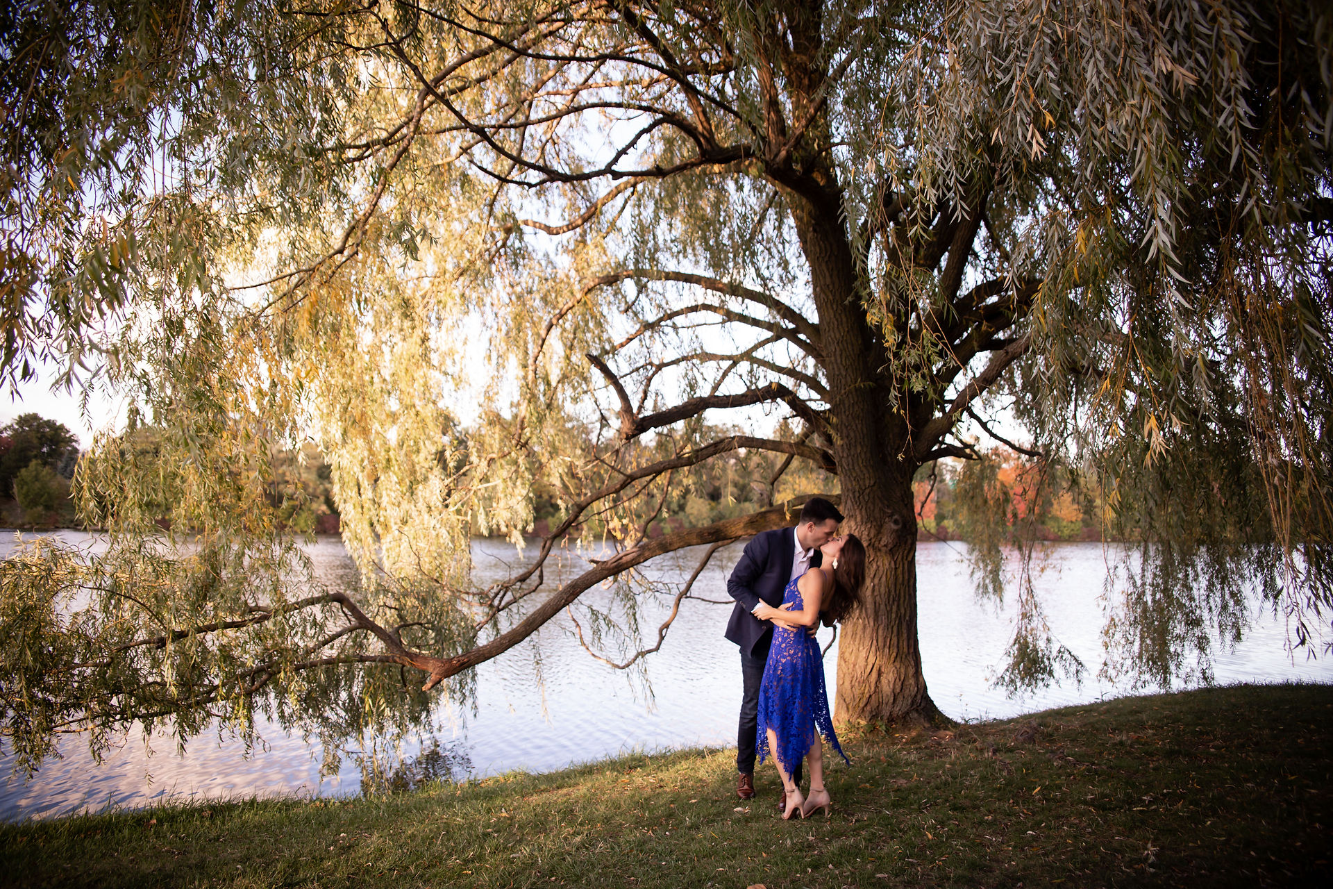 couple does a kiss and dip under a willow tree in front of a lake