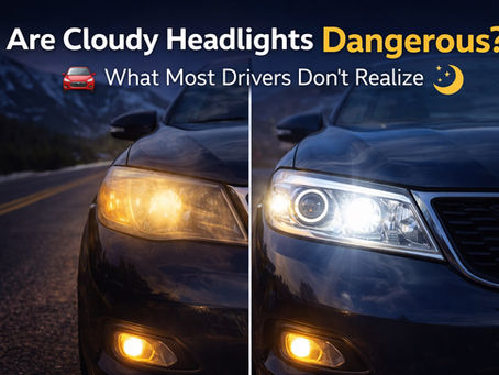 Cloudy vs restored headlights at night showing visibility difference after professional headlight restoration