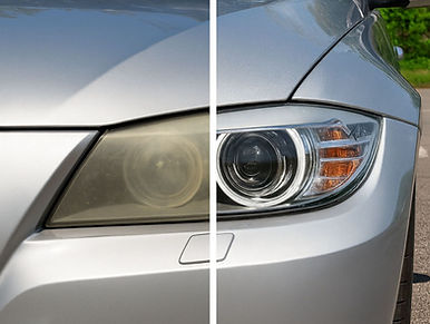 Premium headlight restoration before and after comparison showing oxidized headlight restored to clear finish in Boulder, Colorado