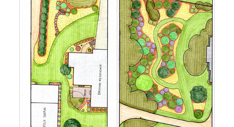 A bright hand drawn landscape design for large yard