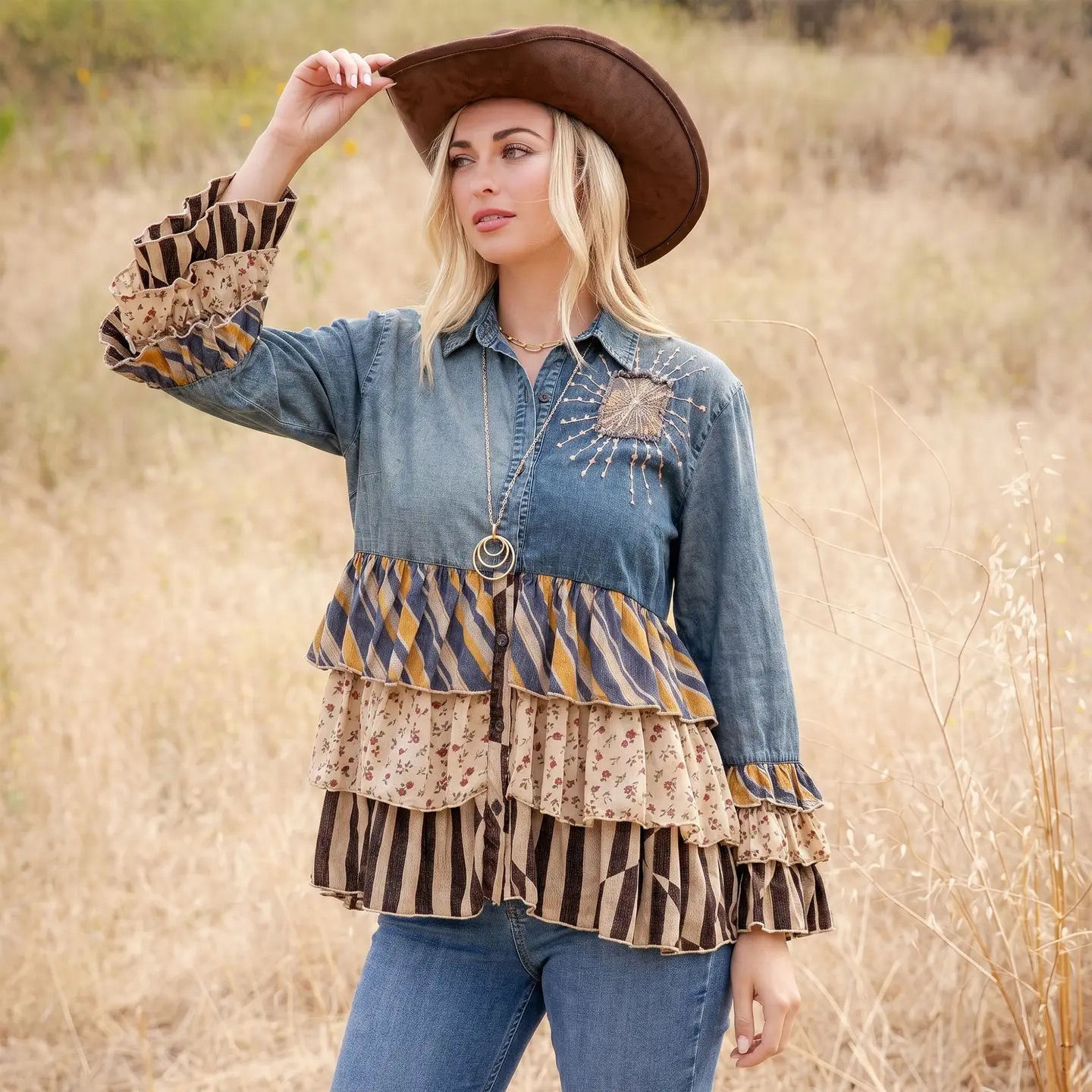 You threads denim ruffle blouse
