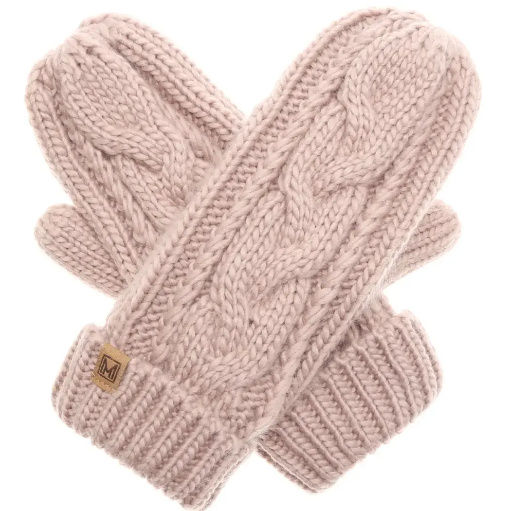 Cable knit mittens in pink or grey
