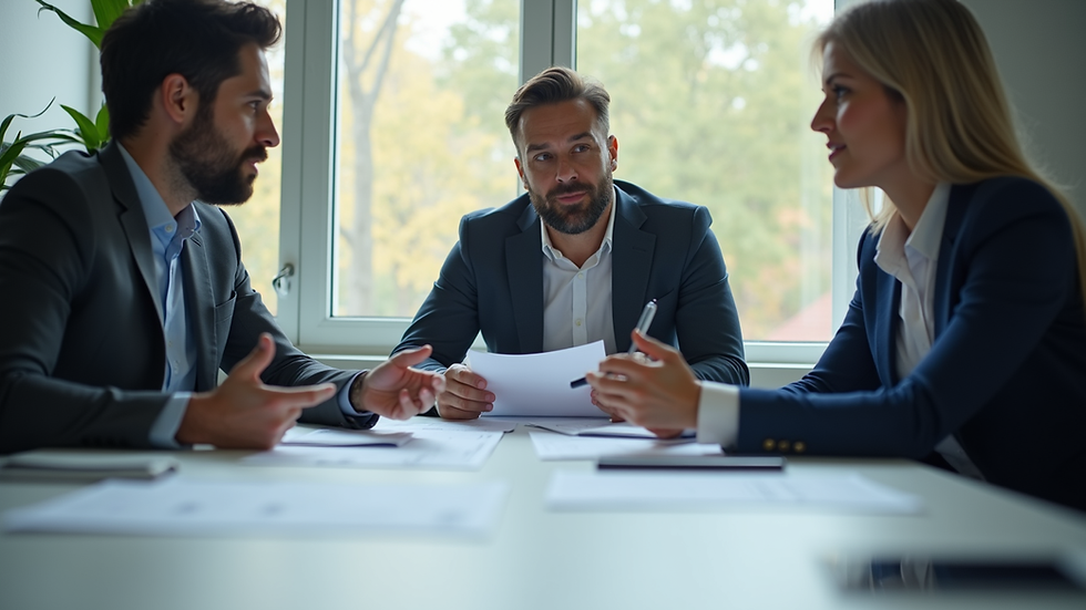 Eye-level view of a business meeting discussing financial documents