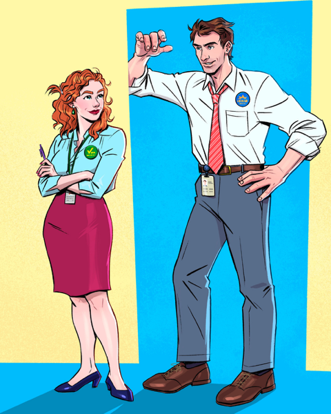 An illustration of the characters in Romance Author Penelope Guinn's romance novel, A Fine Line. Calliope Simons, female main character, a petite woman with red hair, a blue shirt and a fuschia skirt, exchanges glances with Emerson Palmer, male main character, a tall man with dark hair, a white shirt, gray pants and a red tie. Both wear political buttons on their shirts.