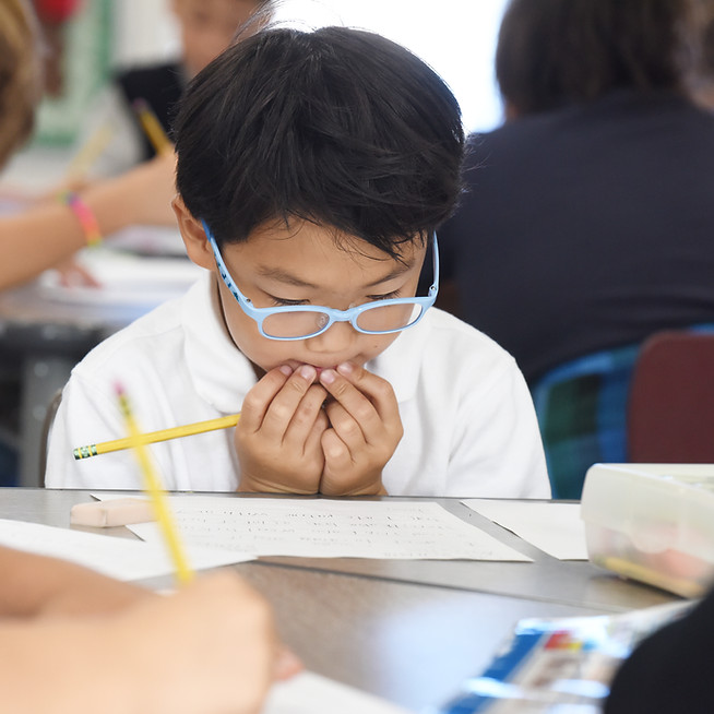 This image links to the Saint Nicholas School Capital Campaign page. It depicts an elementary school student at Saint Nicholas Catholic School working at his desk.