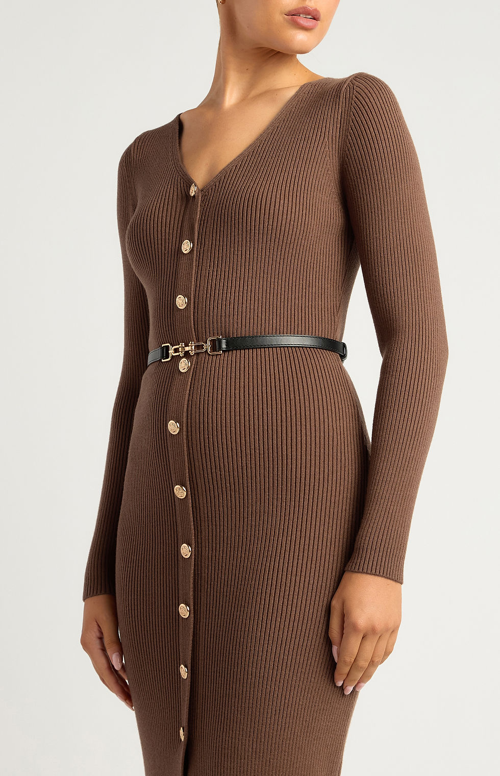 Thumbnail: Gilded Elegance Knit Dress with Belt