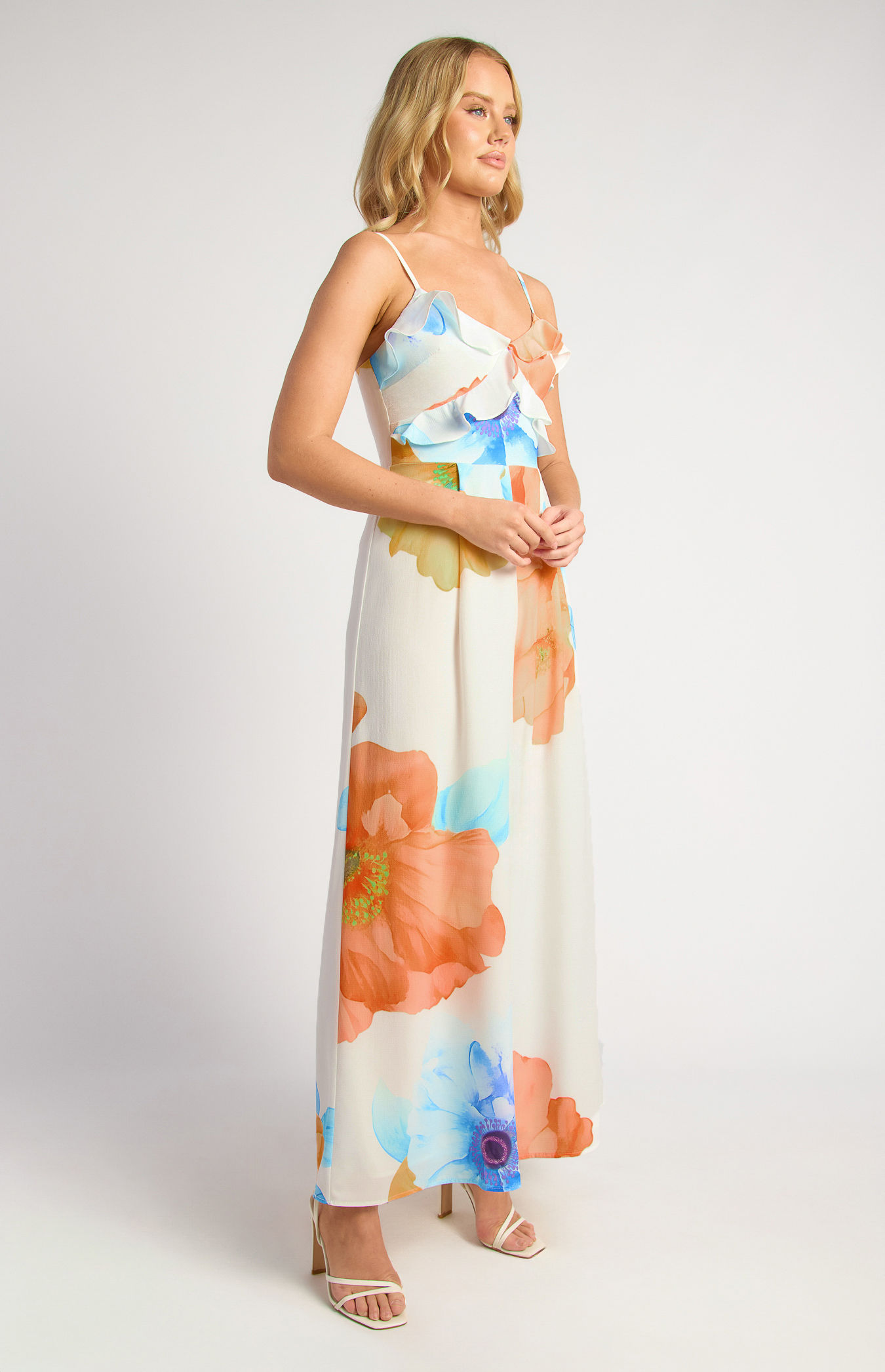 Frill Neckline Floral Print Jumpsuit