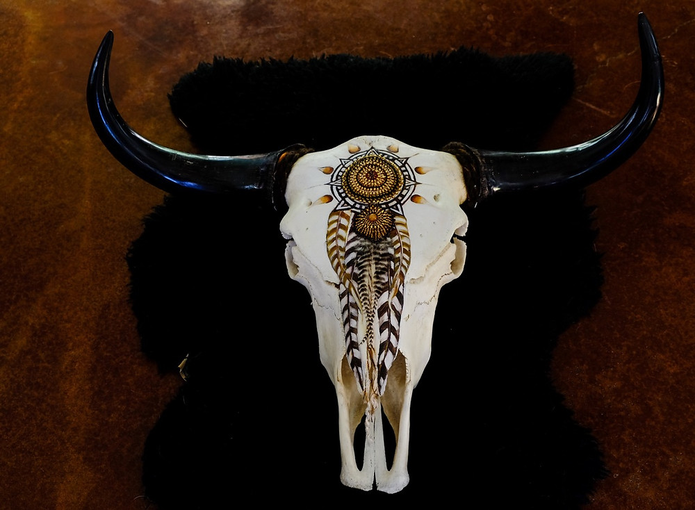 Polished Horn Yak Skull hand painted hand beaded by Beatris Burgoin