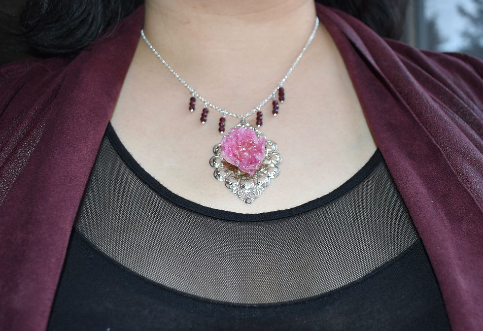 Thumbnail: Preserved Pink Carnation Pendant with Garnet Gems Necklace - January Birthday