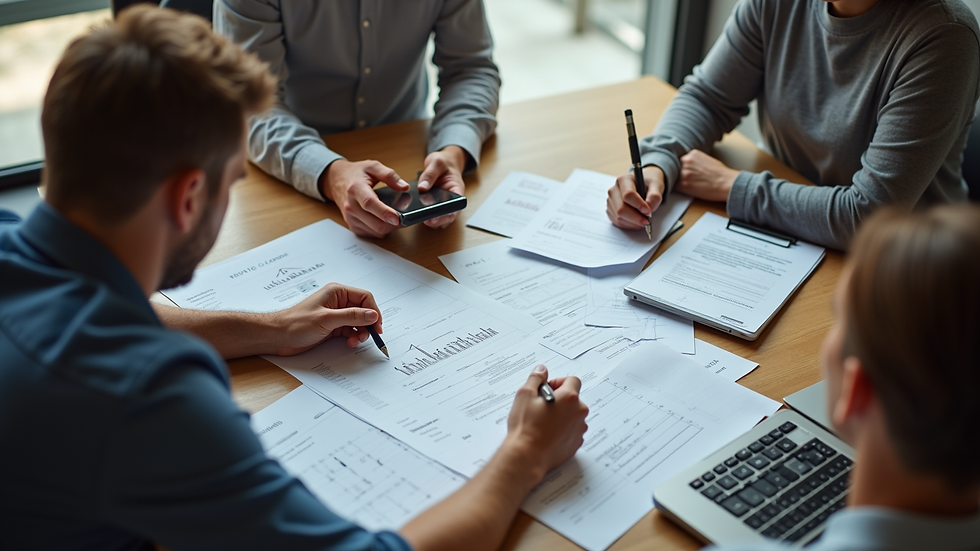High angle view of a property sales team meeting with digital devices and paperwork