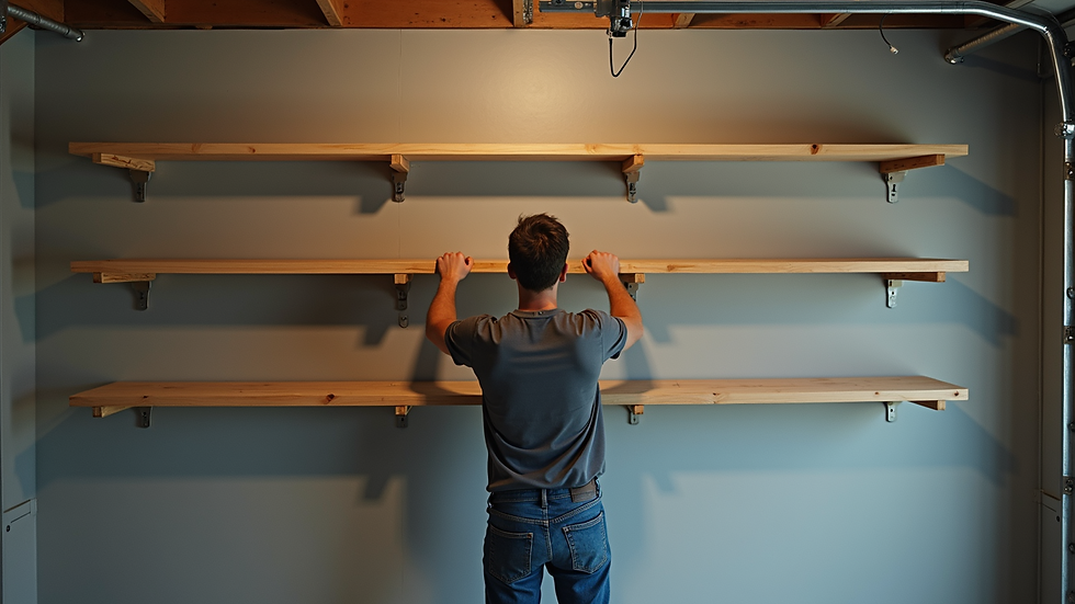 High angle view of a person installing wall-mounted garage shelves