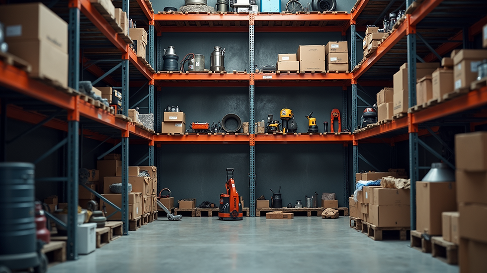 Eye-level view of sturdy metal garage shelving loaded with heavy tools