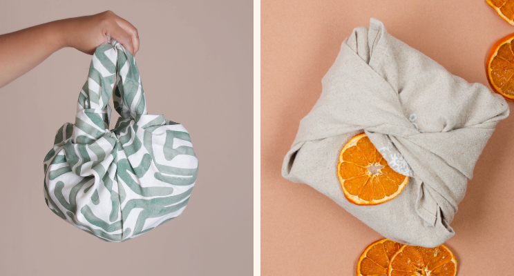 (left) furoshiki no-sew bag (right) furoshiki gift wrap with dried orange slices