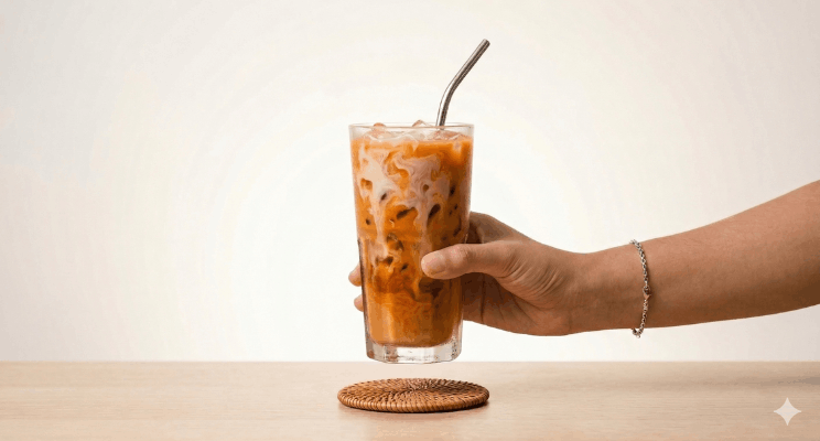 person holding a thai iced tea over a coaster 