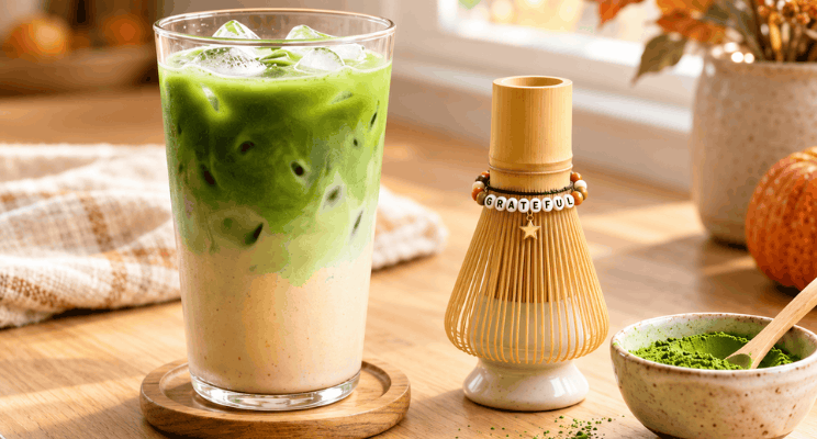 a glass of matcha beside a matcha whisk and a bowl with matcha mixture