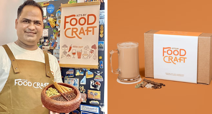 indian host and instructor holding a bowl of different spices for chai masala (right) kits by food craft diy kit chai masala
