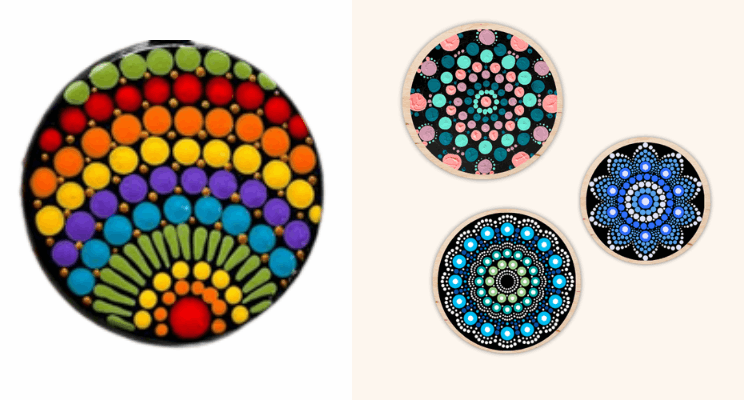 four kinds of dot mandala magnets in different designs and patterns