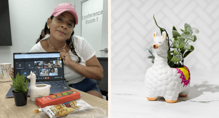 (left) woman sharing her laptop to show the virtual event of ceramic llama painting (right) painted ceramic llama