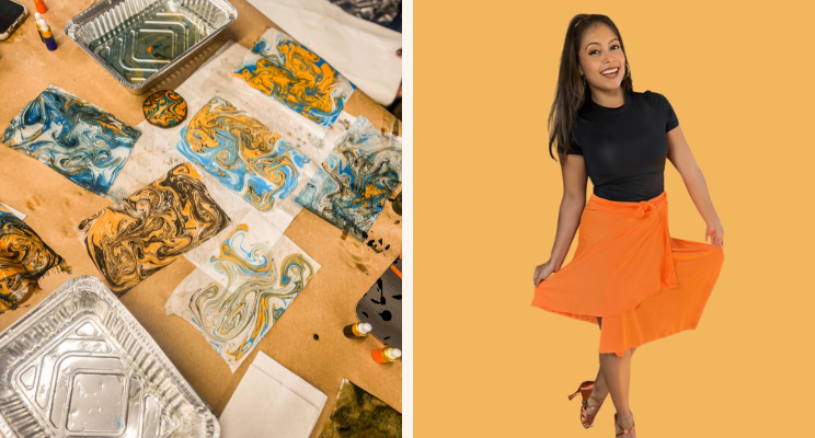 (left) suminagashi art pieces (right) a woman holding her skirt