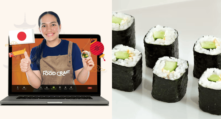 (left) kits by food craft host for a japanese-themed event (right) vegetarian sushi rolls