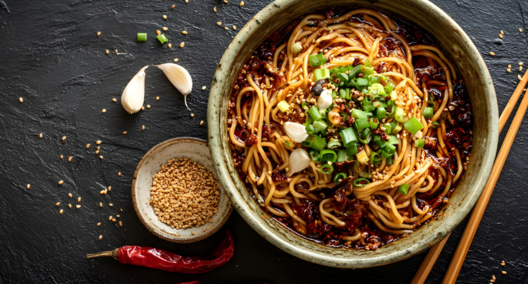 chili garlic oil noodles garnished with onion springs beside a couple of garlic, dried garlic, and and a piece of dried chili pepper