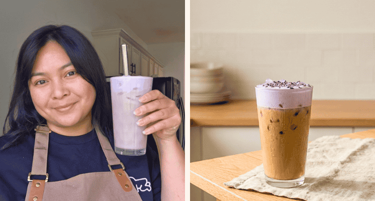 (left) a woman holding a homemade ube latte in a glass with a reusable stainless steel straw (right) ube latte placed on a table with a piece of cloth underneath