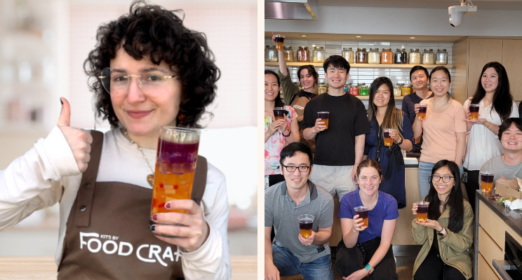 (left) woman holding up a fruit tea (right) group of colleagues posing for a photo with their fruit buble tea drinks