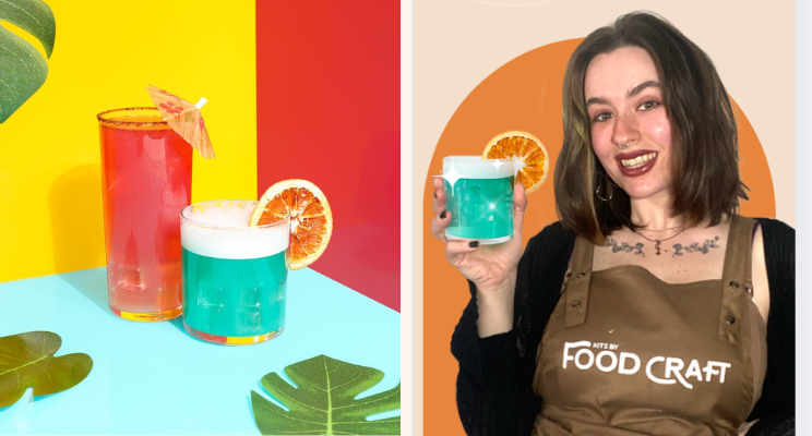 (left) hawaiian drinks (right) kits by food craft instructor holding a hawaiian blue drink