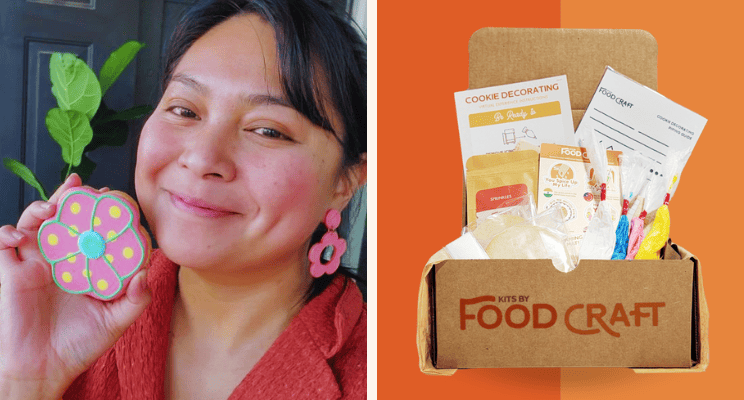 (right) woman holding a decorated sugar cookie (left) kits by food craft cookie decorating diy kit