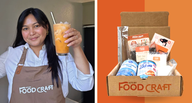 (left) woman holding a thai iced tea in a glass with a reusable straw (right) thai iced DIY kit
