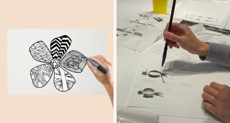 (left) a flower ddole in black in (right) a person sumi-e painting a couple of birds with a brush
