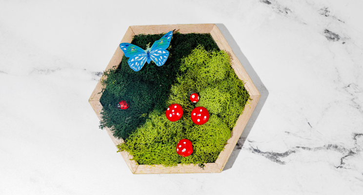 moss wall art designed with artificial moss, a blue butterfly, ladybugs, and red mushrooms