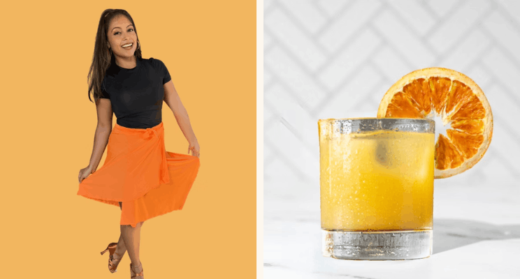 (left) a woman holding her skirt (right) a cocktail with dehydrated orange