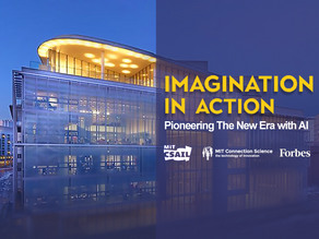 Exterior view of the MIT Media Lab at dusk, overlaid with the event title “Imagination in Action: Pioneering the New Era with AI.” Logos of MIT CSAIL, MIT Connection Science, and Forbes appear below the text, indicating event sponsors and collaborators.