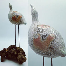 ceramic standing bird on burl, cearamic bird form, soda fired, ceramic bird, garden bird, sculpture, wood soda fired ceramic bird, bird form, contemporary ceramics, ceramic garden bird,  abstract ceramic bird, clay bird