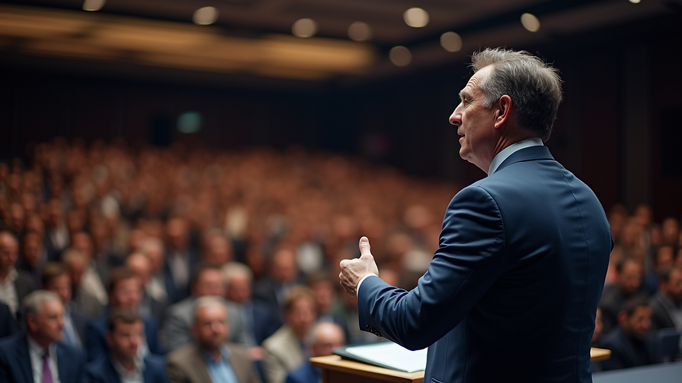 Close-up view of a corporate speaker on stage with a blurred audience in the background