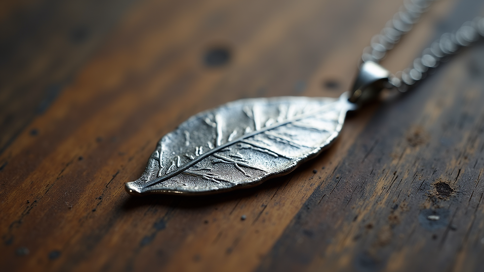 Close-up view of a silver leaf pendant on a wooden background