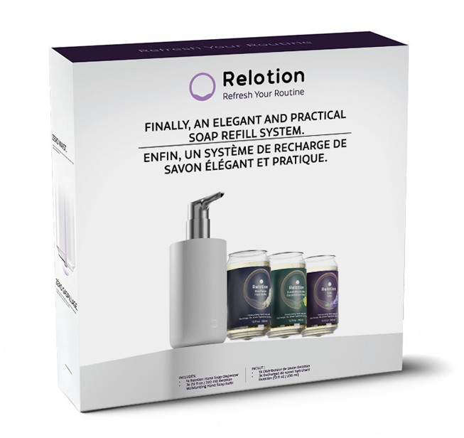 Coffret découverte Relotion - élégant coffret cadeau contenant un distributeur de savon réutilisable et 3 recharges de 330 ml