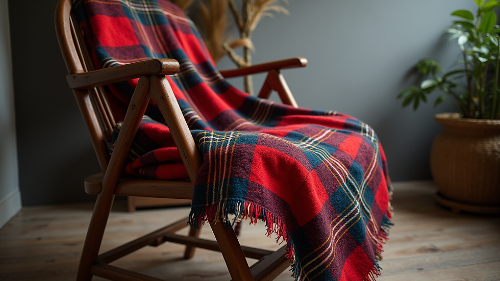 Eye-level view of a colorful tartan blanket draped over a wooden chair