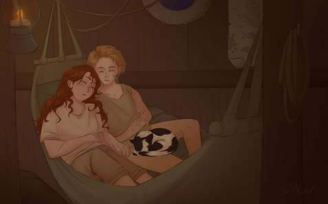 Wren and Ophelia with Penelope in their laps. They're sleeping slumped against each othe in a hammock