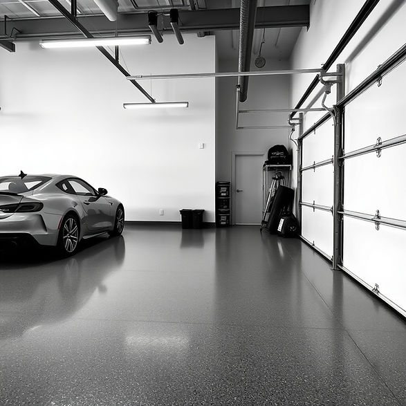 monochrome image of an garage with an epoxy floor.jpg