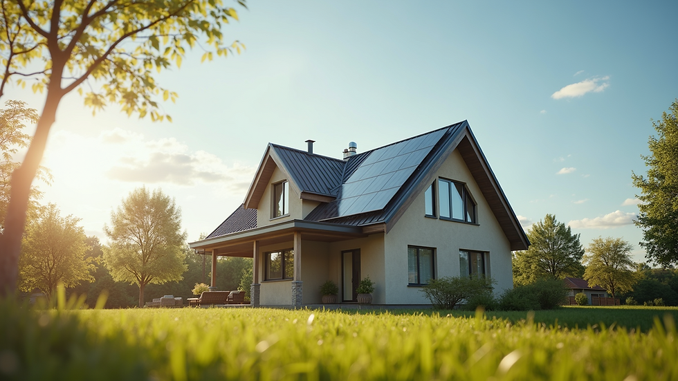 Eye-level view of a modern eco-friendly house with solar panels on the roof