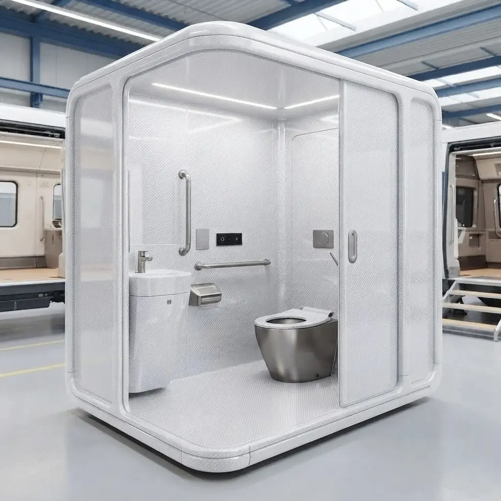 3D rendering of a compact, modern accessible bathroom module. The unit features a toilet, sink, and grab bars, designed for functionality and cleanliness.