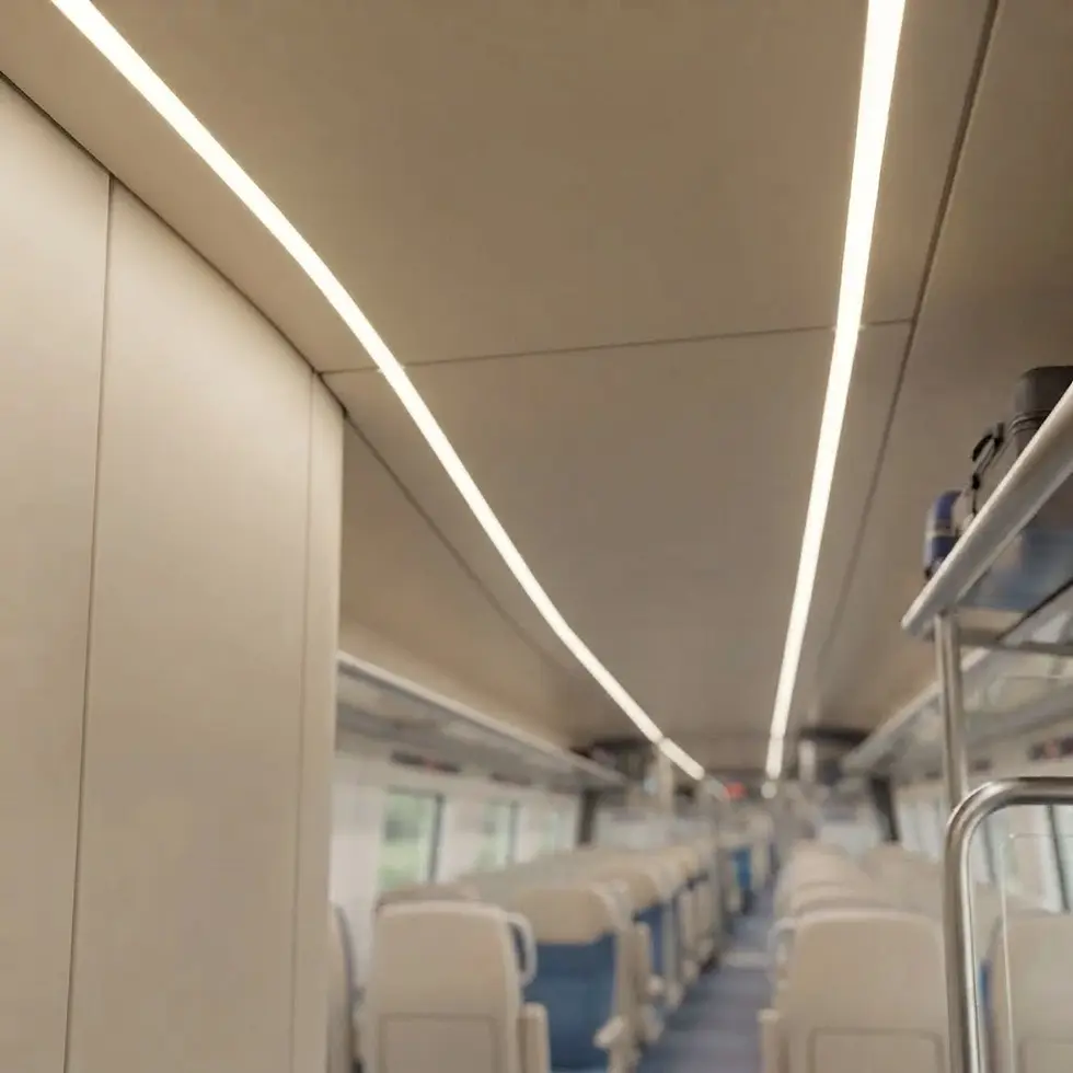 Interior photography of a clean, modern train carriage. The aisle is lined with empty seats and illuminated by sleek overhead lights.