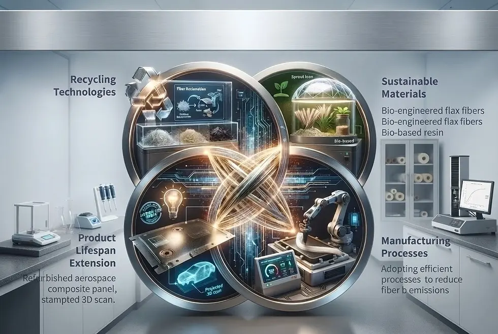 Digital illustration of interconnected themes in product lifecycle and sustainability. It visually links recycling, materials, lifespan extension, and manufacturing processes.