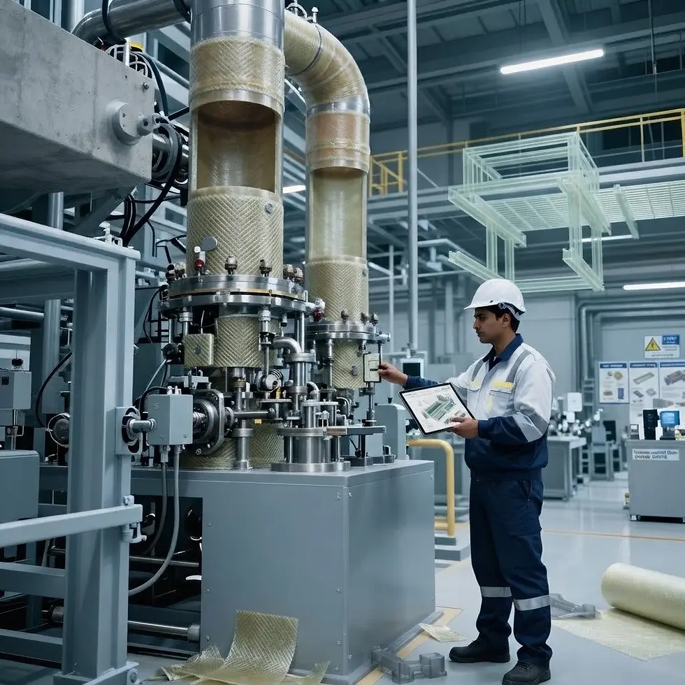 Digital illustration of a technician using a tablet to inspect complex industrial machinery in a modern factory. The scene conveys a sense of advanced technology and operational efficiency.